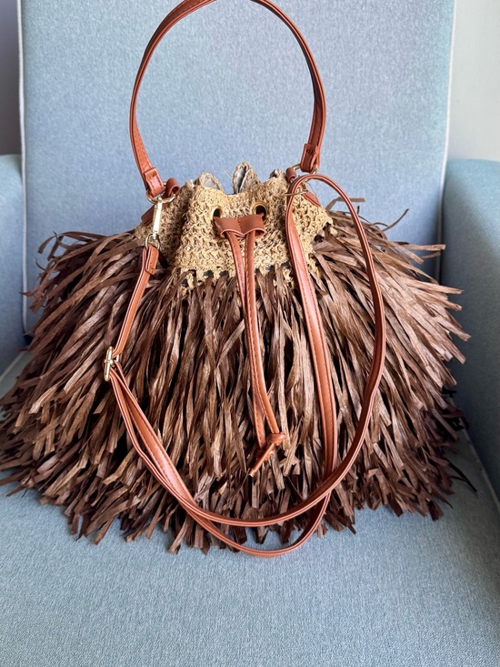 Handmade Handbags - Boho Brown Raffia Fringe Shoulder Bag with Leather Straps